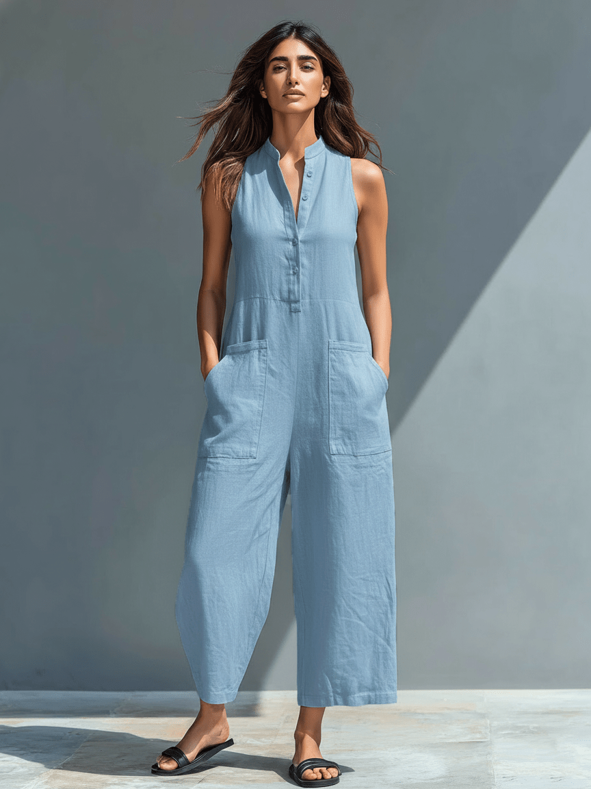Minimalist Linen Sleeveless Button-Up Jumpsuit