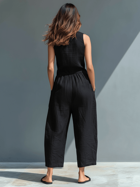 Minimalist Linen Sleeveless Button-Up Jumpsuit