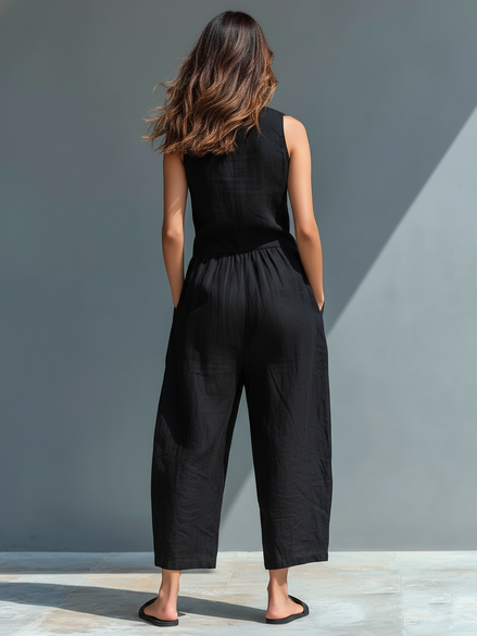 Minimalist Linen Sleeveless Button-Up Jumpsuit