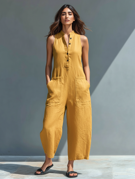 Minimalist Linen Sleeveless Button-Up Jumpsuit