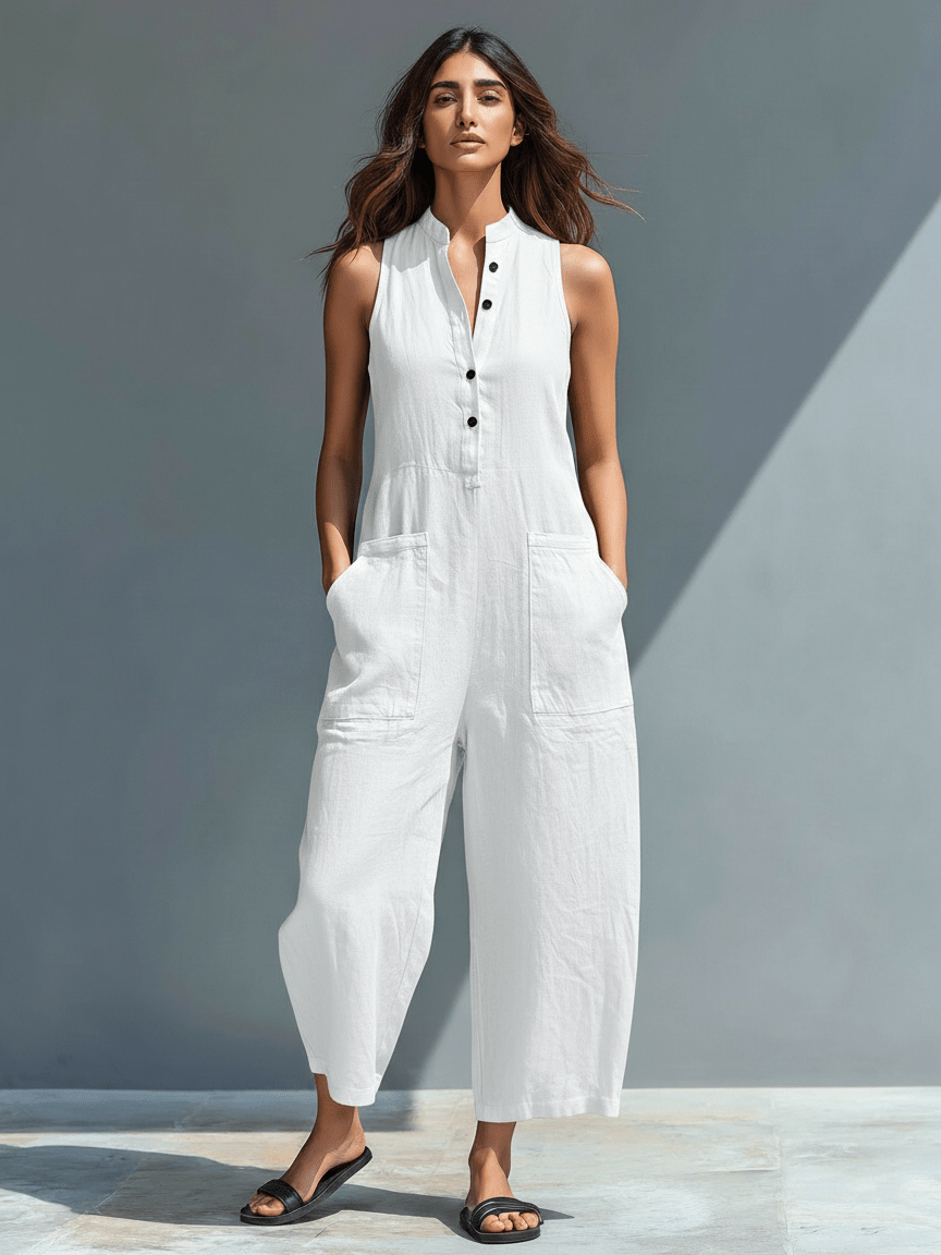 Minimalist Linen Sleeveless Button-Up Jumpsuit