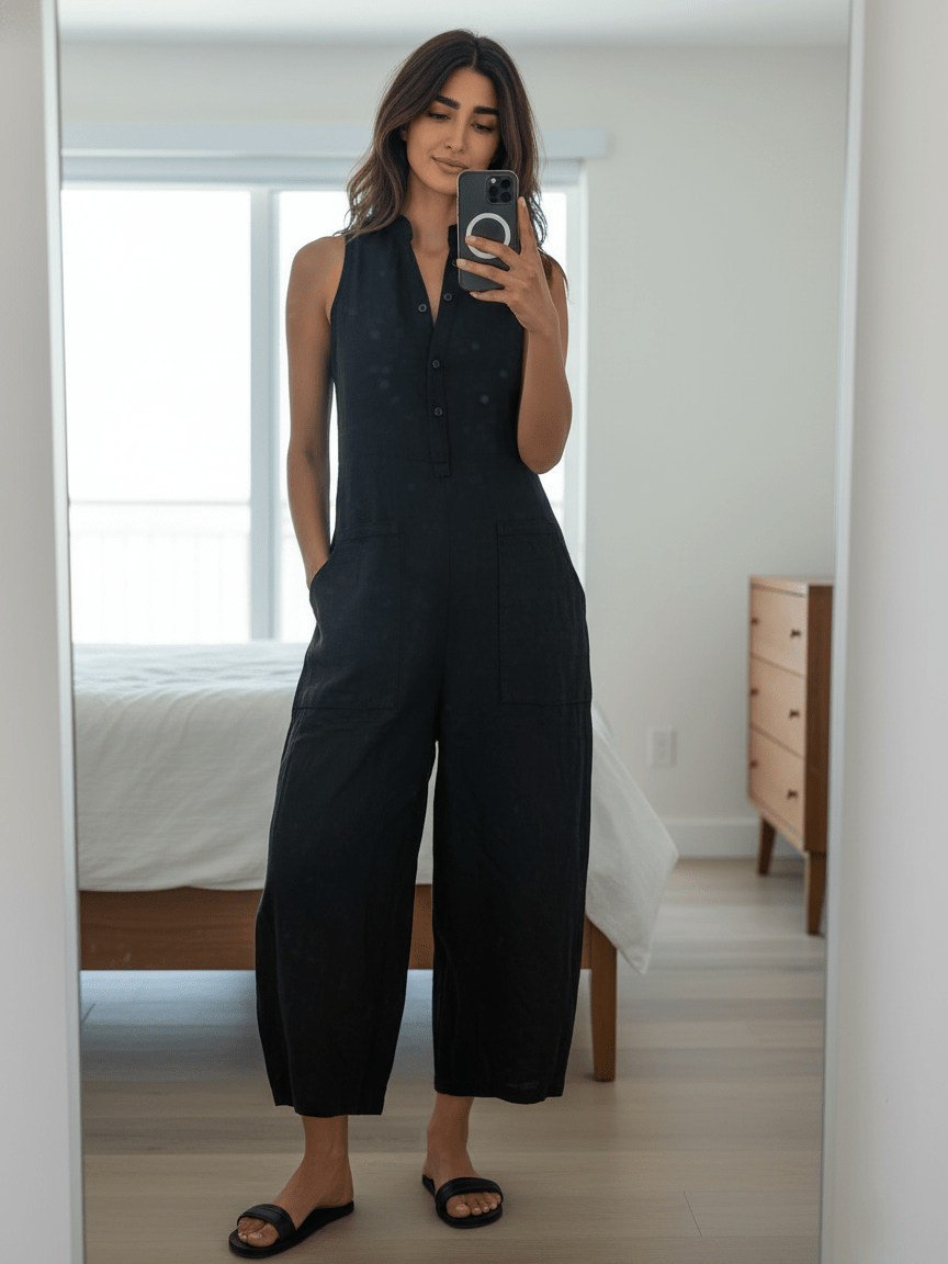 Minimalist Linen Sleeveless Button-Up Jumpsuit