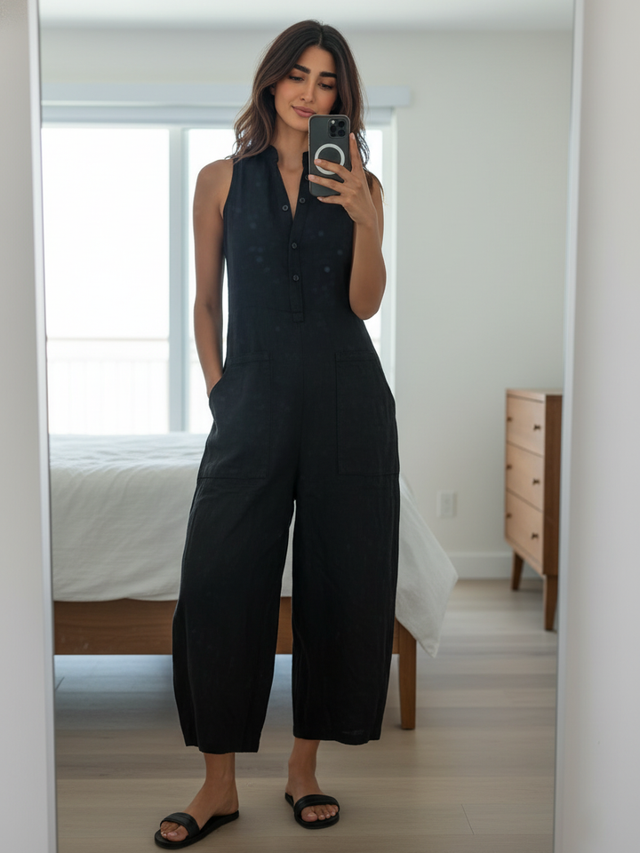 Minimalist Linen Sleeveless Button-Up Jumpsuit