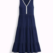 Navy Trim Sleeveless Midi Dress