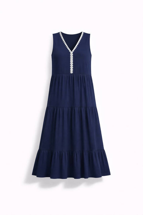 Navy Trim Sleeveless Midi Dress