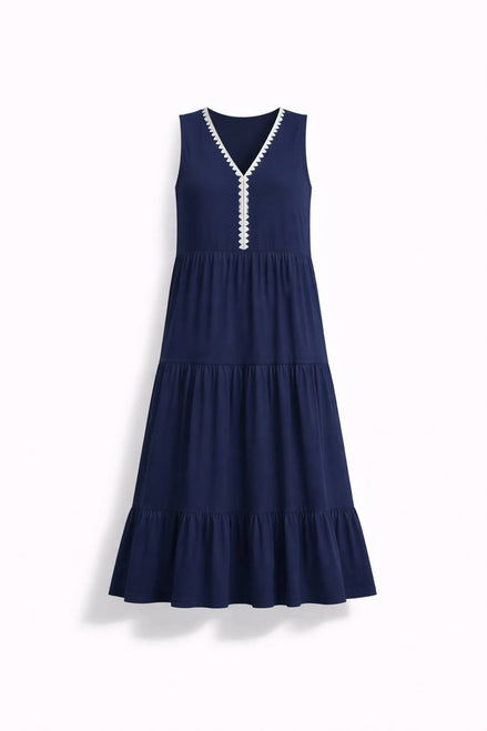 Navy Trim Sleeveless Midi Dress