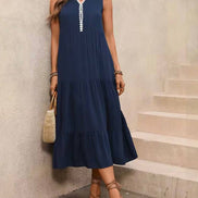 Navy Trim Sleeveless Midi Dress