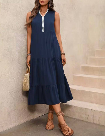 Navy Trim Sleeveless Midi Dress