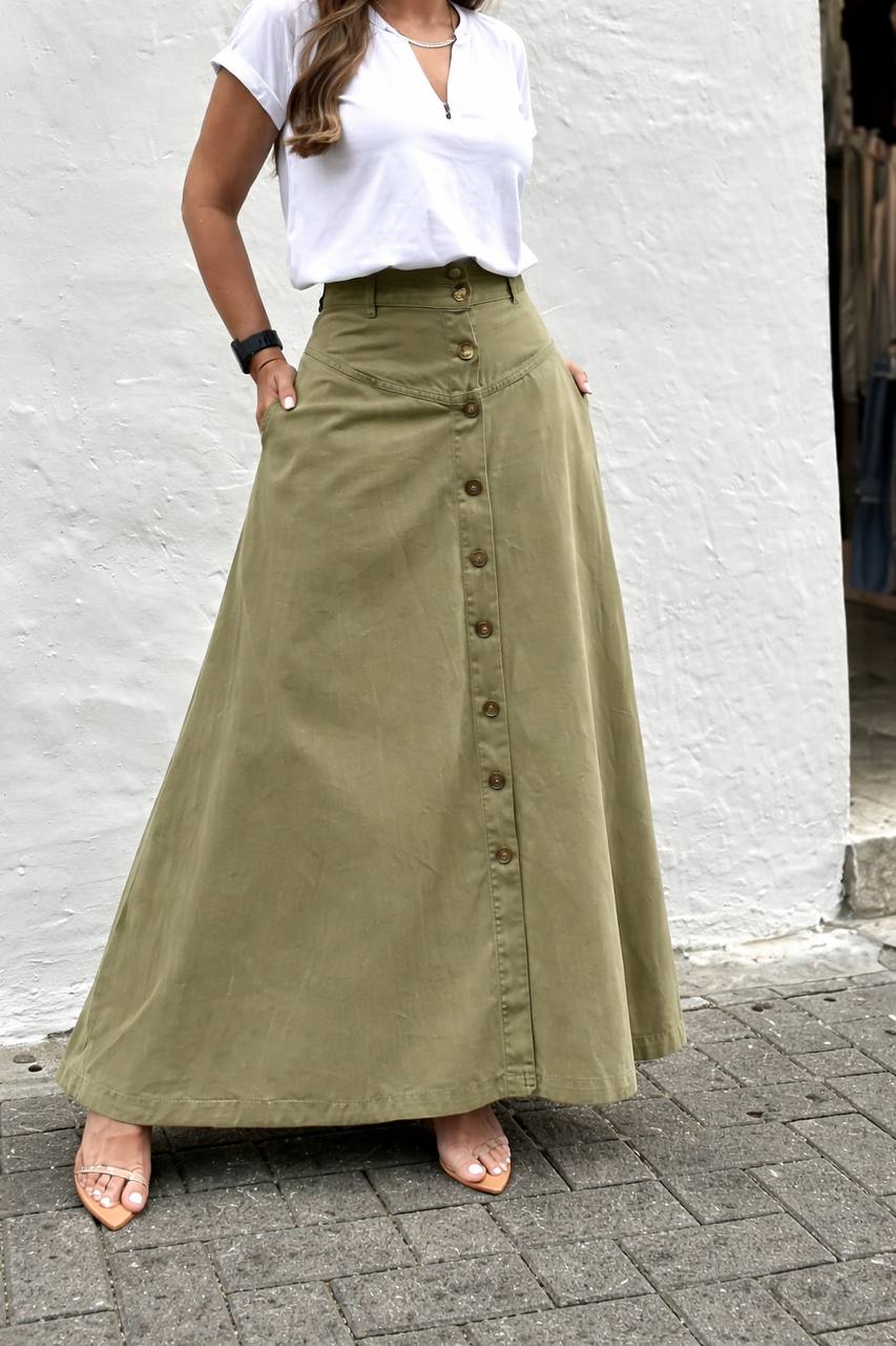 Buttoned A-Line Maxi Skirt