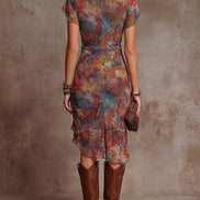Judy Bohemian Abstract V-Neck Pleated Midi Dress