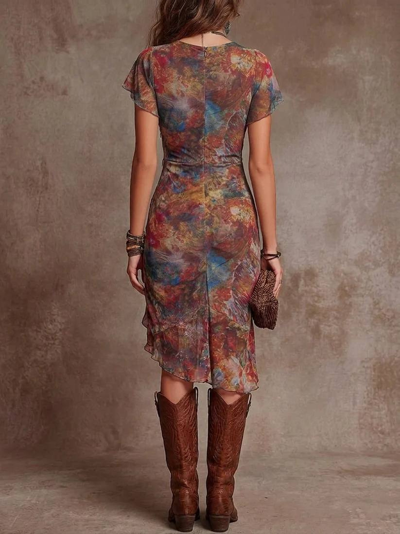 Judy Bohemian Abstract V-Neck Pleated Midi Dress