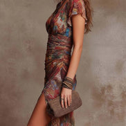 Judy Bohemian Abstract V-Neck Pleated Midi Dress