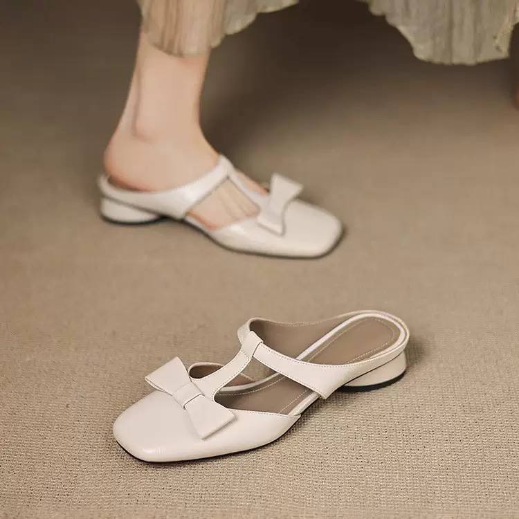 Elegant Bow T-Strap Flat Mules