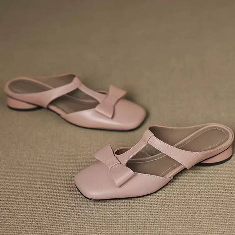 Elegant Bow T-Strap Flat Mules