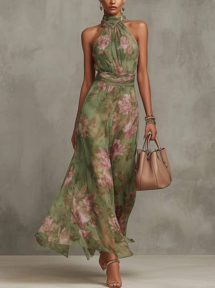 Sara Elegant Floral Halter Maxi Dress