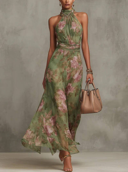 Sara Elegant Floral Halter Maxi Dress