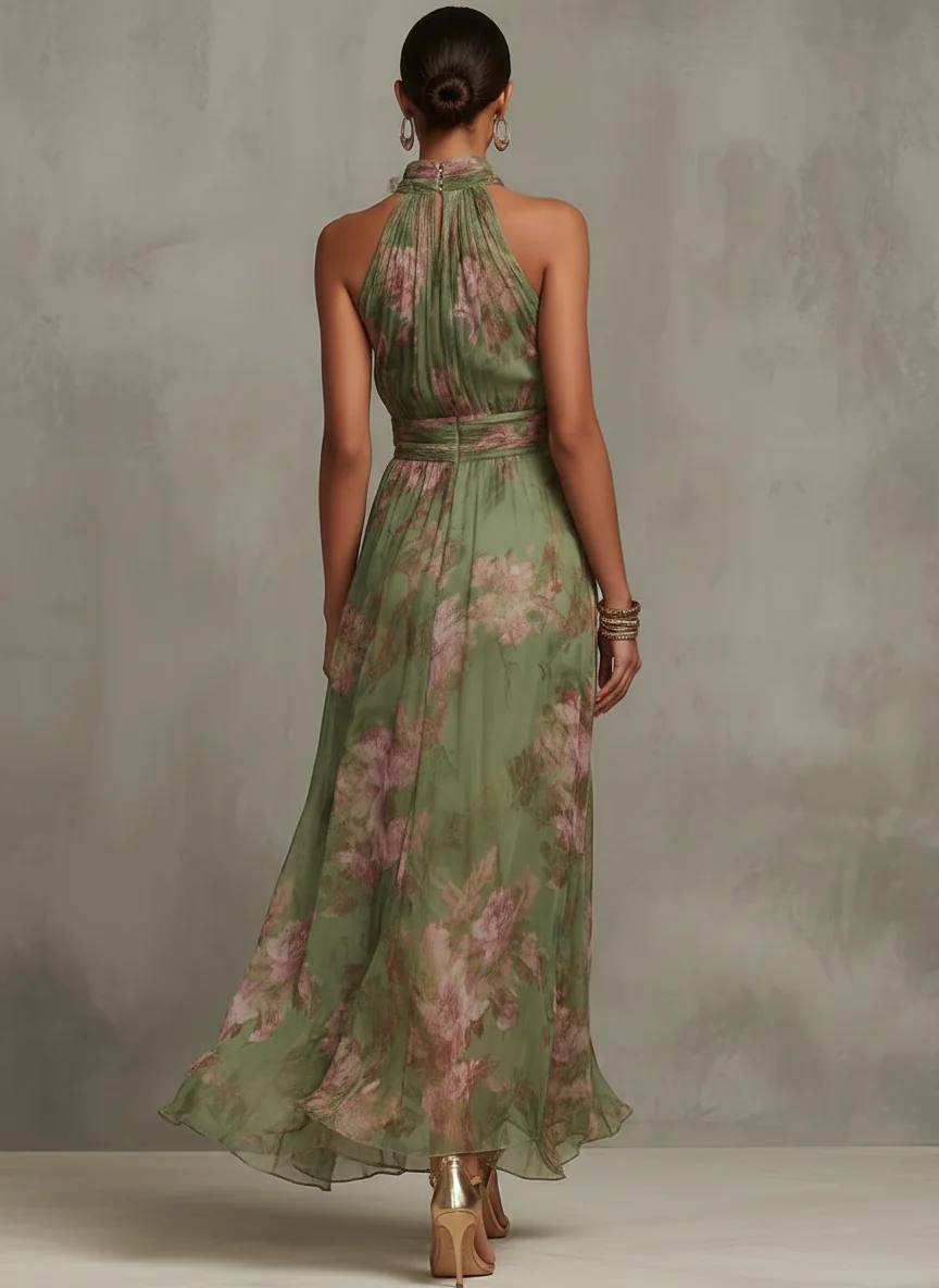 Sara Elegant Floral Halter Maxi Dress