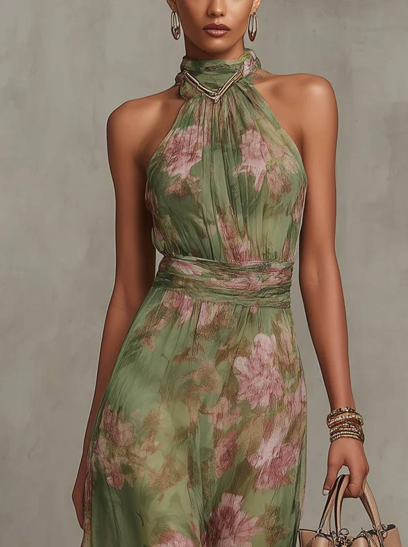 Sara Elegant Floral Halter Maxi Dress