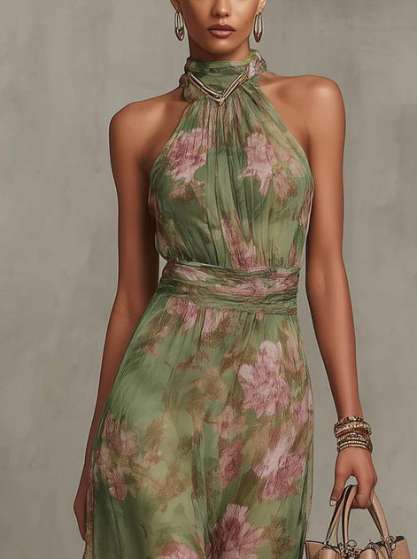Sara Elegant Floral Halter Maxi Dress
