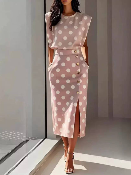 Polka Dot Geometric Sleeveless Midi Dress