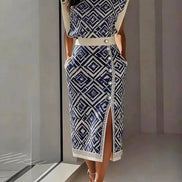 Polka Dot Geometric Sleeveless Midi Dress