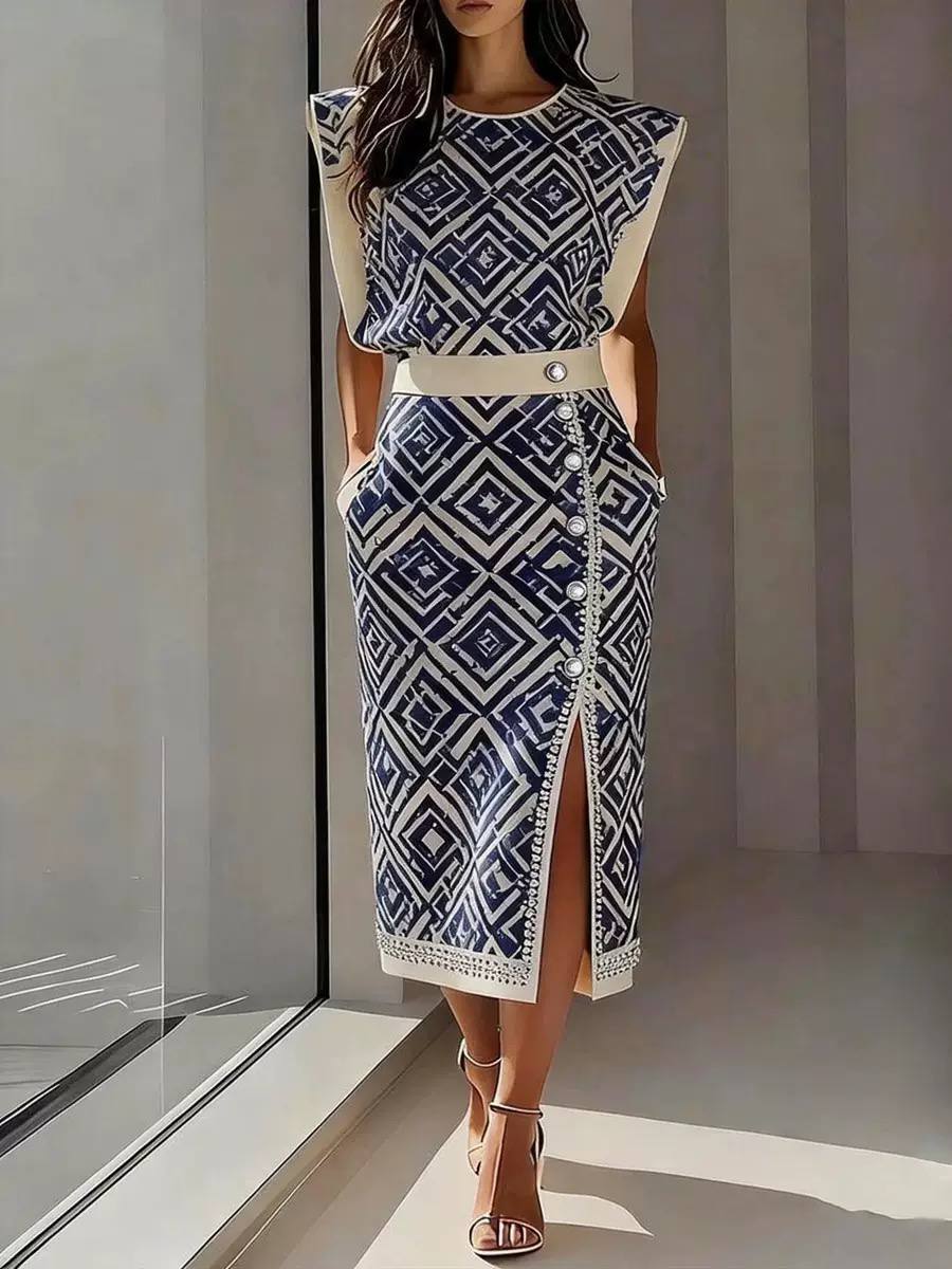 Polka Dot Geometric Sleeveless Midi Dress