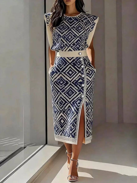 Polka Dot Geometric Sleeveless Midi Dress