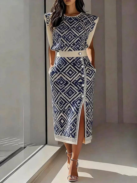 Polka Dot Geometric Sleeveless Midi Dress