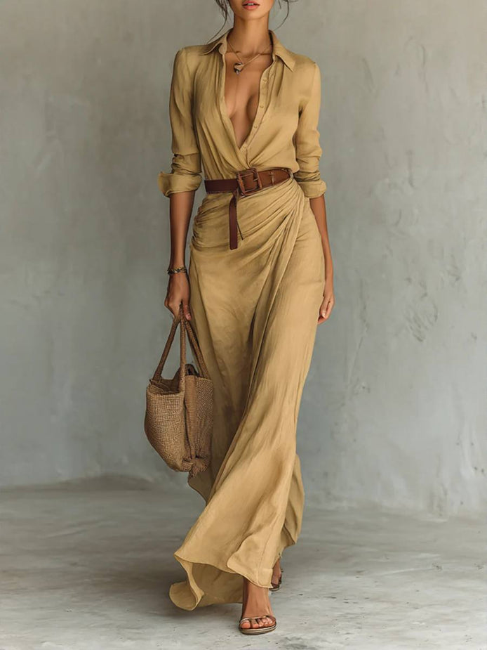 Breasted Long Sleeve Belted Maxi Dress