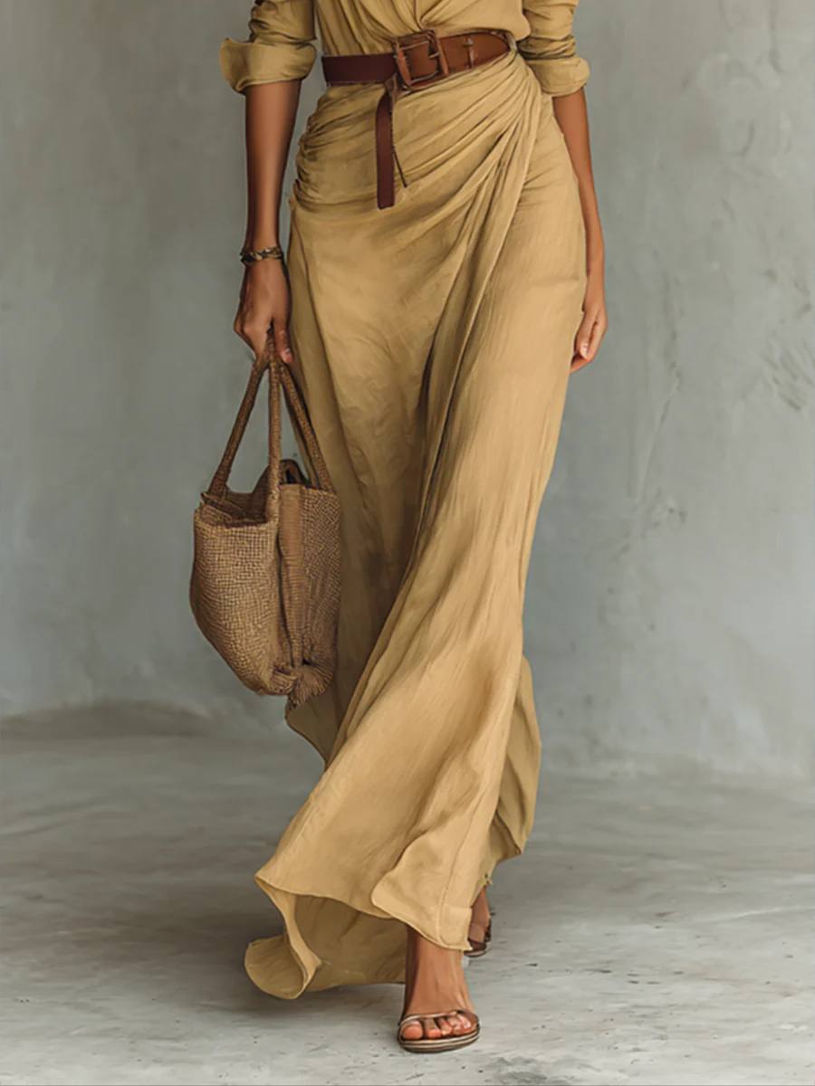 Breasted Long Sleeve Belted Maxi Dress