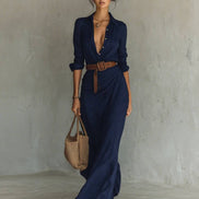 Breasted Long Sleeve Belted Maxi Dress
