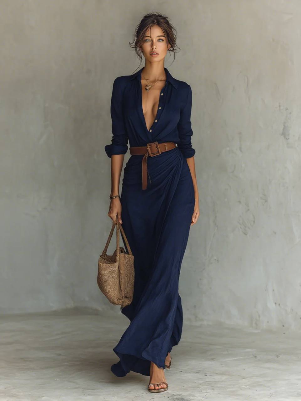 Breasted Long Sleeve Belted Maxi Dress