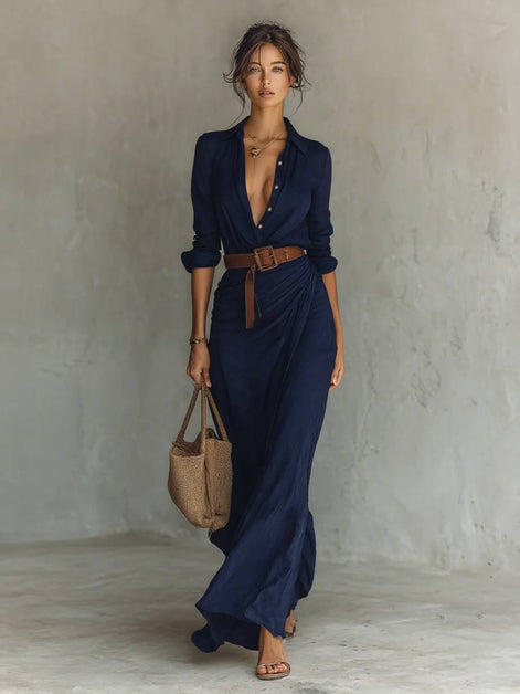 Breasted Long Sleeve Belted Maxi Dress