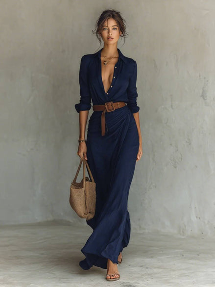 Breasted Long Sleeve Belted Maxi Dress