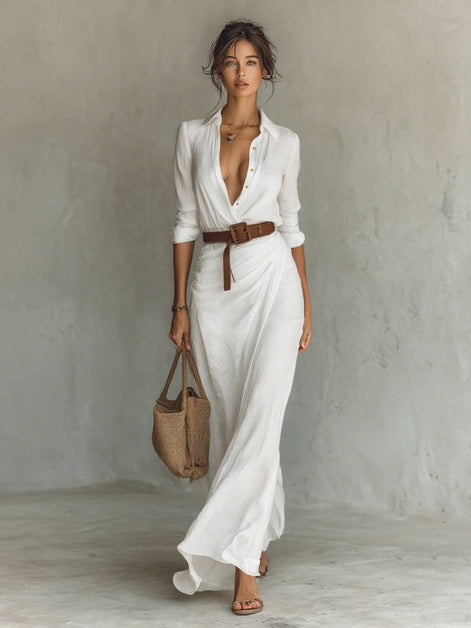 Breasted Long Sleeve Belted Maxi Dress