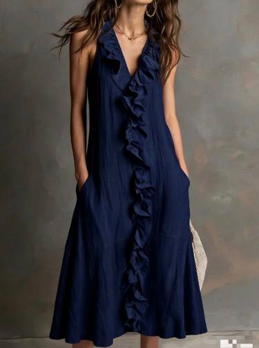 Ruffled Front Sleeveless Midi Dress