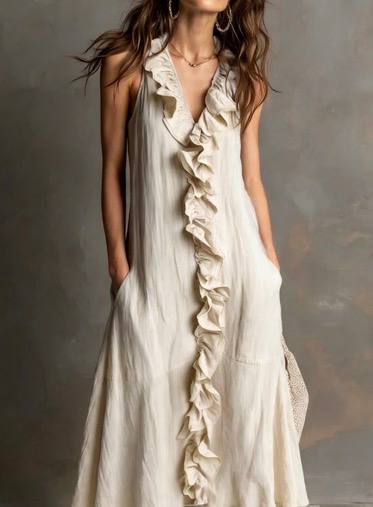 Ruffled Front Sleeveless Midi Dress