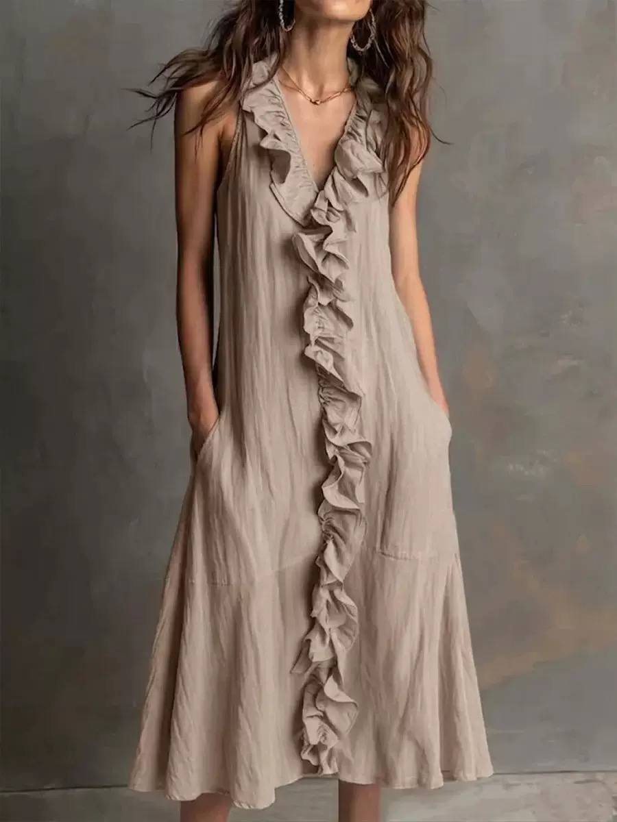 Ruffled Front Sleeveless Midi Dress
