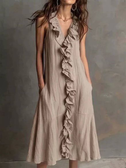 Ruffled Front Sleeveless Midi Dress
