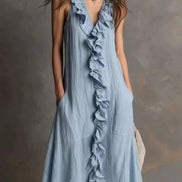 Ruffled Front Sleeveless Midi Dress