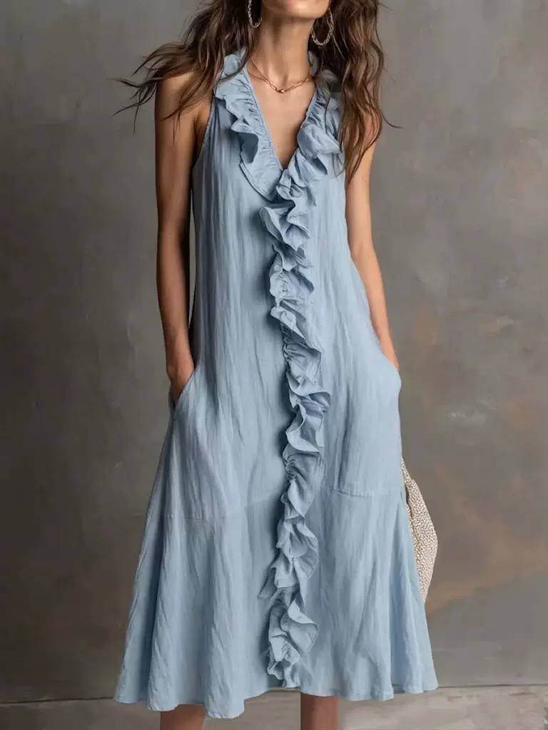 Ruffled Front Sleeveless Midi Dress