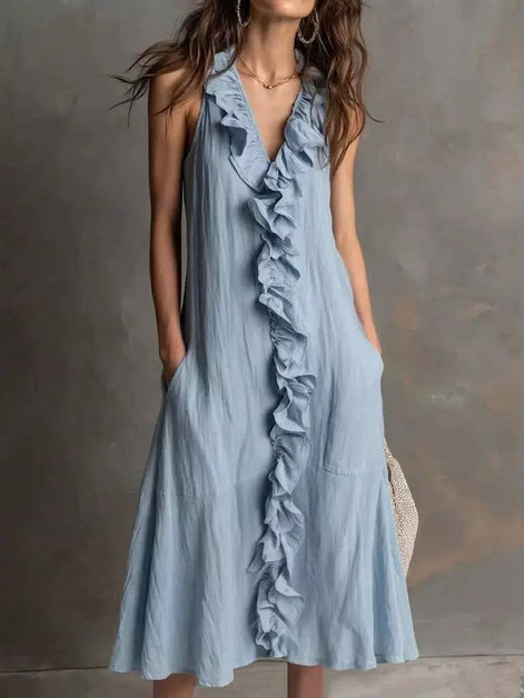 Ruffled Front Sleeveless Midi Dress
