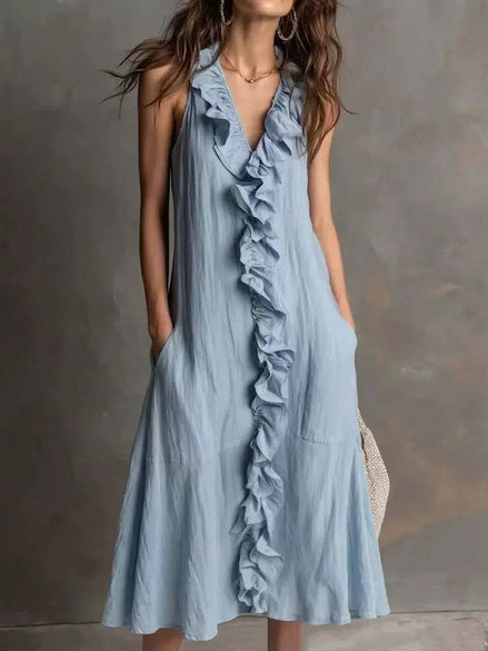Ruffled Front Sleeveless Midi Dress