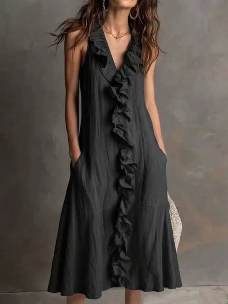 Ruffled Front Sleeveless Midi Dress