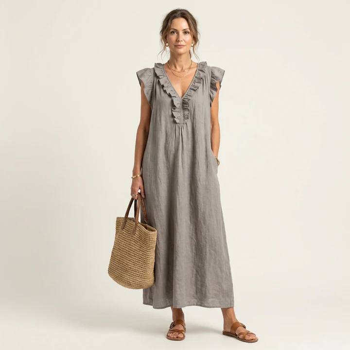 Josette Ruffle V-Neck Linen Maxi Dress