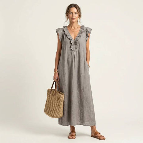 Josette Ruffle V-Neck Linen Maxi Dress