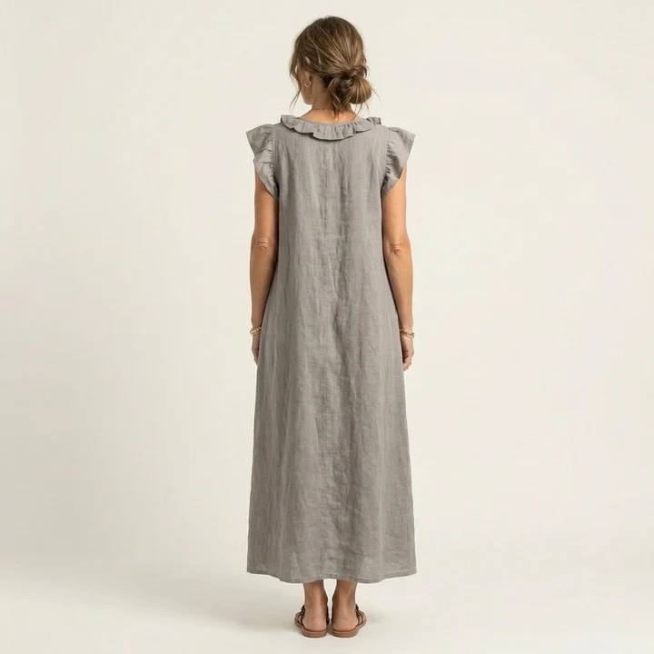 Josette Ruffle V-Neck Linen Maxi Dress