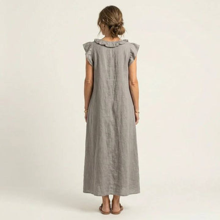 Josette Ruffle V-Neck Linen Maxi Dress