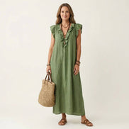 Josette Ruffle V-Neck Linen Maxi Dress