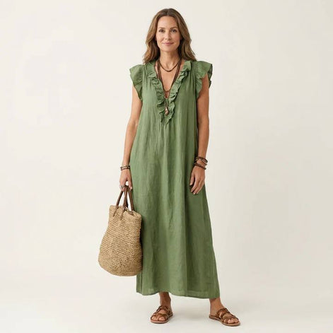 Josette Ruffle V-Neck Linen Maxi Dress